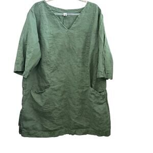 Len Ok 100% Linen Dress Women's XXXL Green Lagenlook Relaxed Pockets Breathable